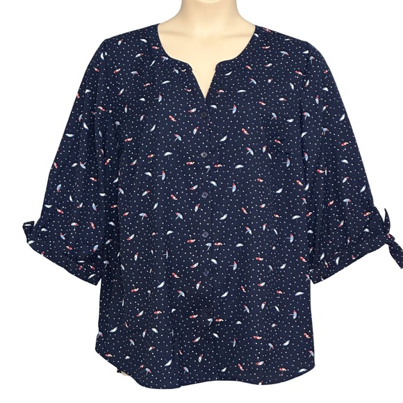 Catherines Womens Top Plus 1X Navy Blue‎ Umbrella Pattern V Neck Tunic Classid - Picture 2 of 11